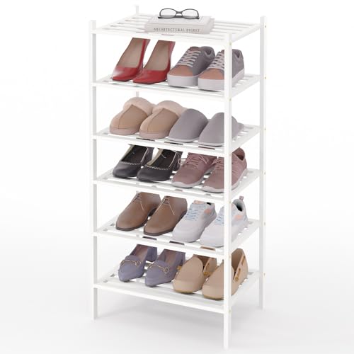 Image of Smiry Bamboo Shoe Rack, 5 Horizontal Slats, 6 Tier - 17.3 inch Wide, White