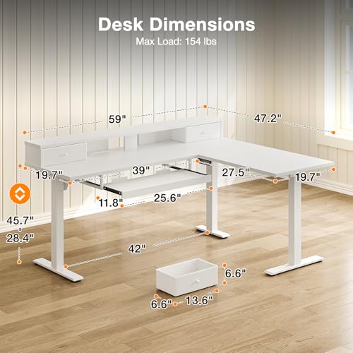 Image of Casaottima 59 Inch Electric L-Shaped Standing Desk with Drawers, Height Adjustable Stand Up Corner Desk with Monitor Stand & Keyboard Tray, Lift Table for Home Office, Workstation, White