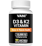 VANI Vitamins D3 (10000iu/250mcg) + K2 (as Mk7), for Bone &amp; Muscle &amp; Teeth Health, 90 SOFTGELS