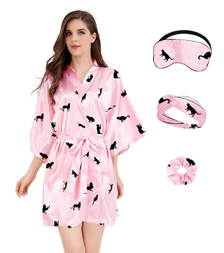 MORFORU Women Bride Bridesmaid Silky Satin Kimono Robe Floral Sleepwear for Wedding Party Getting Ready, Short (Black Cat, Tag S/M)