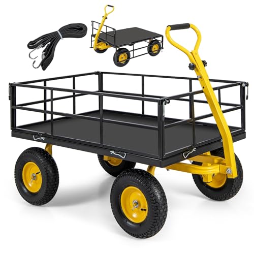 TANGZON Heavy Duty Garden Trolley Cart 3-in-1 Multifunctional 545kg Capacity 33cm Tires Adjustable Handle Yellow & Black 131 x 75 x 107 cm