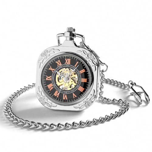 Reloj de bolsillo clásico steampunk mecánico de cuerda manual plata antiguo con cadena 3