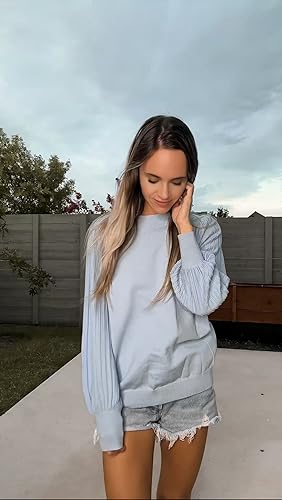 Ybenlow Womens Long Sleeve Knit Sweater Crewneck Trendy Loose Pullover Tops Pleated Lantern Sleeves Casual Sweaters Jumper Tops Light Blue thumb #5