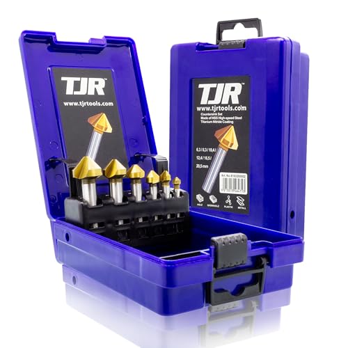 TJR® Avellanador de 90° de diámetro 6,3 – 20,5 mm de acero HSS con revestimiento TiN, muy afilado, juego de avellanado y desbarbado para madera, metal y plástico en práctica caja de almacenamiento