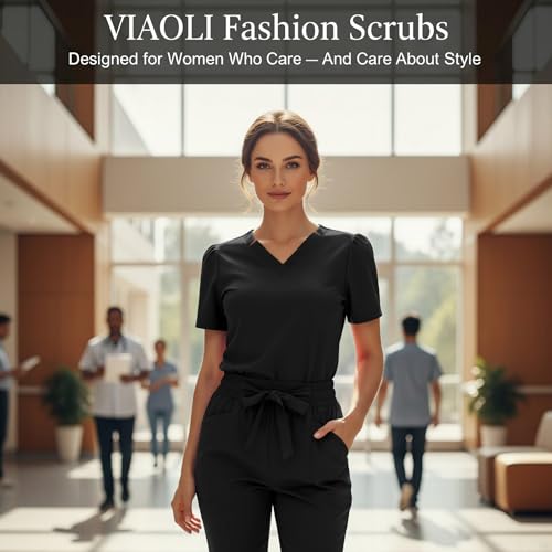 VIAOLI Fashion Scrubs for Women Set - Women Scrub Top and Belted Straight Leg Pants for Nurse Uniform Scrubs Set - image 2