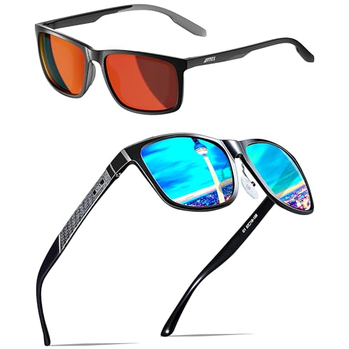 ATTCL Bundle Men's Retro Metal Frame Driving Polarized Sunglasses For Men/Women:(3087-Black-Red)+(8587-black-blue)