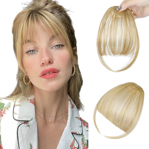 Wodelanle Clip in Bangs, Wispy Bangs Hair Clip,Natrual Fake Bangs Fringe with Temples Hairpieces for Women Clip on Faux Bangs Hair Extensions for Daily Wear Ash Blonde