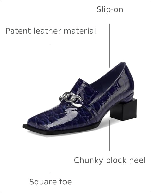 Image of Loafers for Women Patent Leather Buckle Square Toe Chunky Block Dress Slip On Wide Casual Comfortable Dressy High Heels Ladies Comfort Moccasins Elegantes 2 Inch Shoes