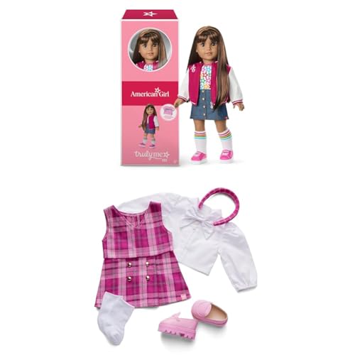 Image of Bundle of American Girl, Truly Me 18-inch Doll #122 with Brown Eyes, Straight Dark-Brown Hair, Tan Skin, for Ages 6+ + Truly Me 18-inch Doll Outfit, Pink & Preppy Outfit, for Ages 6+