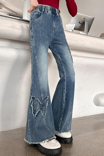 AOWKULAE Girl's Flare Bell Bottom Jeans High Waist Denim Pants with Pockets 5-14 Years3