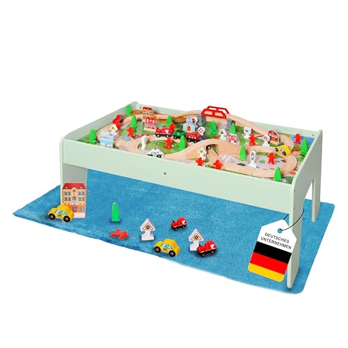 Coemo Table de jeu verte avec kit de 90 pièces Train en bois, jouet de motricité – avec plateau de table amovible réversible, piste, train, cadeau pour tout-petits, garçons et filles à partir de 3 ans