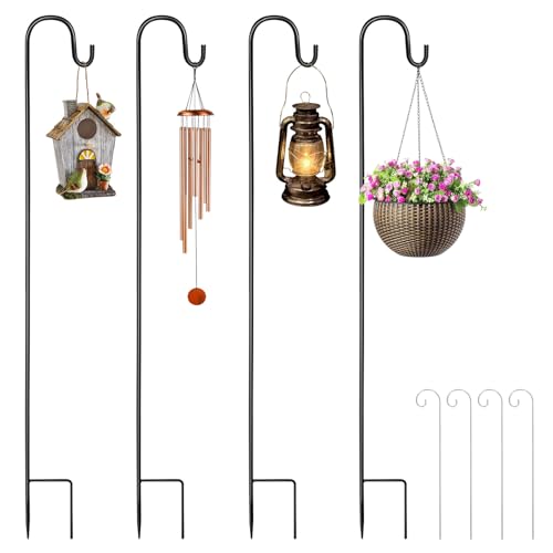 Forbabe Schäferhaken 100cm, 4 Stück Hirtenhaken mit 4 Pflanzenschild Höhenverstellbar Hirtenstab Laternenstab Hirtenbogen Haken Metall Gartenstab mit Haken für Vogelkäfige Windspiel Pflanzkörbe