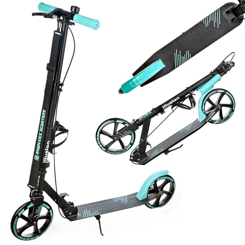 Raven - Monopattino per bambini, adulti - Scooter - Monopattino - Pieghevole, regolabile, tracolla per il trasporto, campanello - Illusion Mint con Freno a Mano, ruote da 200 mm