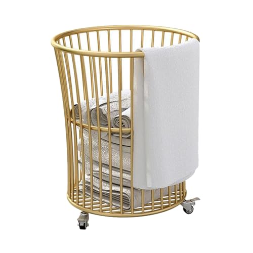 Metal Rolling Laundry Hamper with Lockable Wheels Bathroom Laundry Basket for Clothes Yoga Mat Blankets Towels Home Laundry Cart for Bedroom Laundry Room Round White (Round Gold)