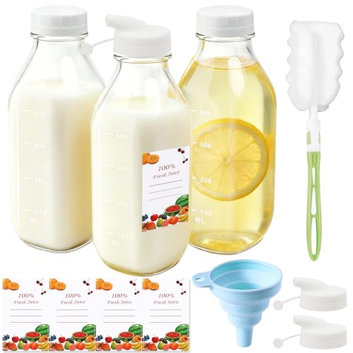 Mssushi Lot De 3 Bouteilles en Verre Avec Couvercles 1000ml Bouteilles en Verre Carrées À Large Ouverture Pour Smoothies,Jus,Lait,Boissons Chaudes et...