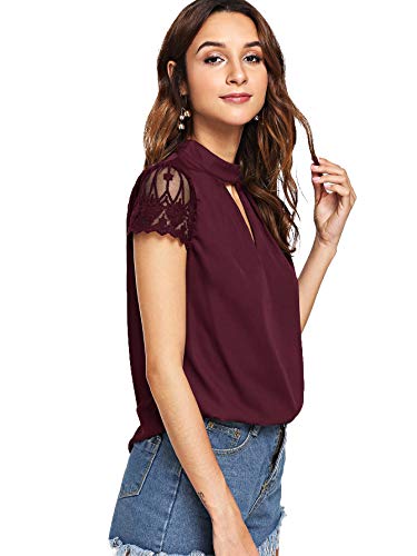 Romwe Women's Elegant Lace Short Sleeve Sexy Keyhole Blouse Shirt Burgundy Small #TOP2