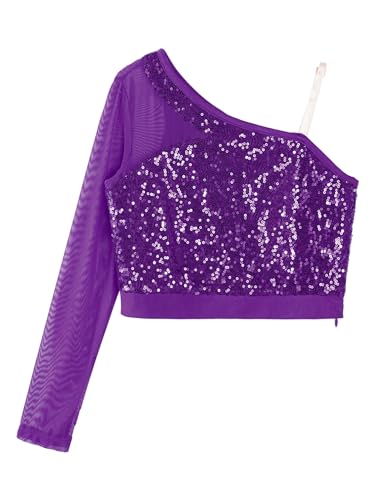 Miaeowve Camiseta de lentejuelas para niños y niñas, camiseta corta, brillante, parte superior de una manga, malla de patchwork, ropa de baile, fiesta, actuación, disfraz, morado, 110-116