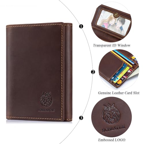 Image of Trifold Wallets for Men RFID Blocking Full Grain Leather Short Mens Wallet with Snap Closure, 8 Card Slots, Clear ID Window, Brown
