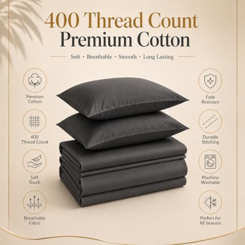 Image of LINENWALAS 100% Cotton Fitted Bedsheet, 400tc Long Staple Imported Egyptian Cotton, Premium Bed Sheet with Pillowcase for Single Bed All-Around Elastic for 4-8 Inch Mattresses (36 inch x78 inch, Dark Grey)