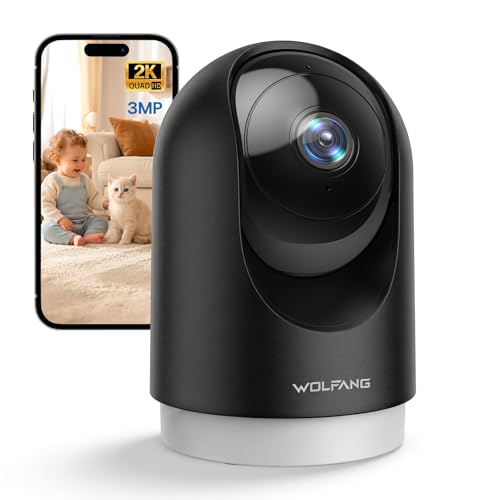 WOLFANG Telecamera Wi-Fi Interno 2K, Telecamera per Cani con Rilevamento Movimento e Visione Notturna, Baby Monitor con Audio Bidirezionale, Compatibile con Alexa/Google, Senza Canone Mensile