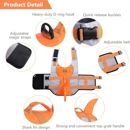 CITÉTOILE Schwimmweste Hunde Hai, Leicht und Sicher für Wassersport, hundeschwimmweste mit Griff und Reflektierend für Kleine Mittlere und Große Hunde, Orange, M