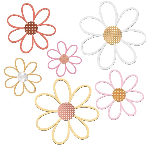 Image of Thyle 6 Pcs Daisy Wall Decor Wooden Daisy Wall Art Flowers Signs Hanging Plaque for Home Nursery Bedroom Farmhouse Bathroom Decorations Housewarming Gifts (Multicolor)