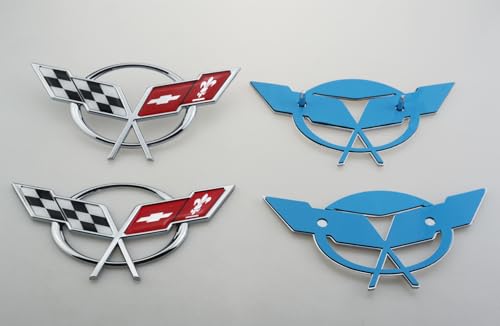 Image of Front Nose & Rear Deck Lid Crossed Flags Emblems Car Badge Nameplate 3D Logo Compatiable with 1997-2004 Corvette C5 19207384 19207385 2Pcs (Pair) (Chrome Red)