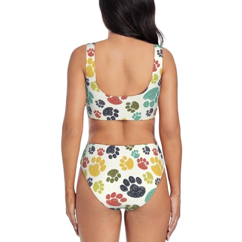 Bikini de dos piezas con cuello en U y estampado de huellas para mujer 4
