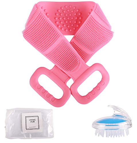 LIVINGHUB Silicone Back Scrubber And Hair Massage Brush – Travel Zip Pouch Bag Included for Shower Towel Double Sided Bath Body Scalp Deep Clean Exfoliating Massager for Men and Women (Pink)