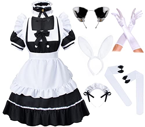 Anime French Women Bunny Maid Sweet Kawaii Costume Cosplay Dress Furry Cat Ear Gloves Socks set(Black 4XL)