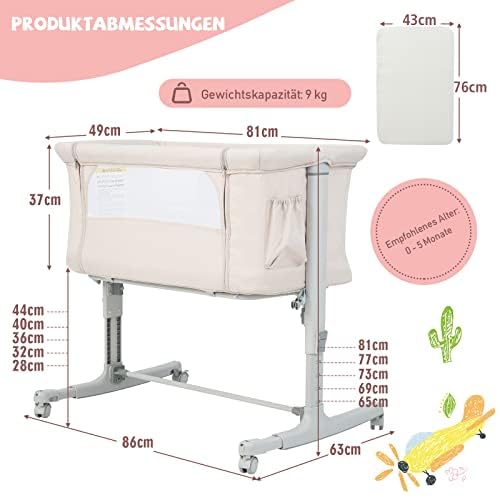 FANTASK 3 in 1 Beistellbett & Babywiege & Reisebett, 5-stufig Höhenverstellbares Babybett, neigbar, Beige
