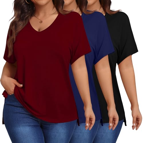 Ficerd 3 Pack Plus Size V Neck T-Shirts for Women, Short Sleeve Split Side High Low Hem Tunics Tops Basic Summer Tee Blouses