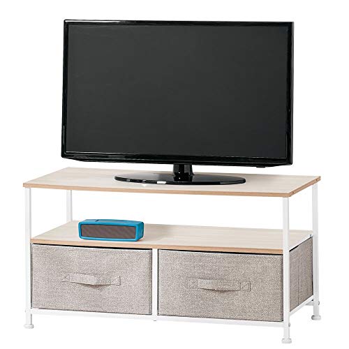 mDesign Mueble de TV con cajas organizadoras – Mesa para televisión estrecha con balda y 2 cestas de tela – Moderno mueble de salón para tele, reproductor de DVD y videoconsola – beige