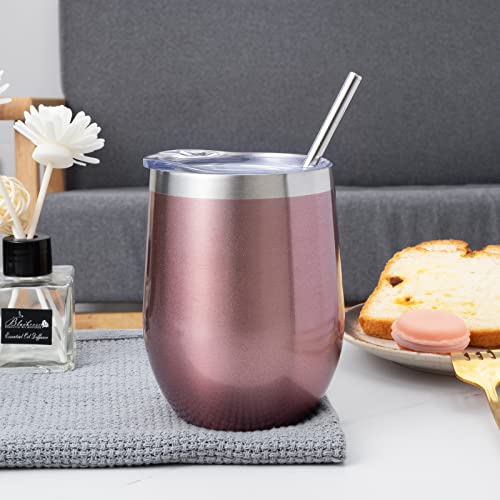 Image of 12 oz Insulated Wine Tumbler with Lid and Straw,Stainless Steel Stemless Wine Tumbler Glasses Double Wall Vacuum Wine Cups Tumbler Bulk for Champaign,Cocktail,Office(Rose Gold,8)