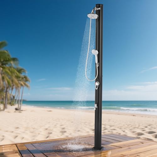 VINGLI 5 Gallon Solar Heated Outdoor Shower 7.2 FT Height Freestanding Outside Shower with 360 Swivel Shower Head & Foot Faucet Hot & Cold Water Adjustment Black
