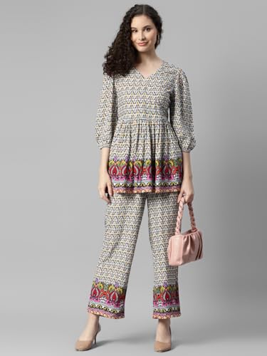 Image of DEEBACO Women's Ethnic Motif Print Rayon Top & Pants Co Ord Set For Women V Neck 3 /4 Puff Sleeve Ladies Party Casual Wear Fashionable For Girls Loose Fit Cord Set (DBCOMR00000979 M Multicolor)