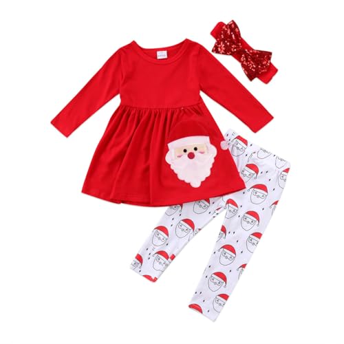 XFGLCK Toddler Kids Baby Girls Christmas Outfits Santa Print Flare Tunic Long Sleeve Dress Shirt Pants Headband Winter Sets