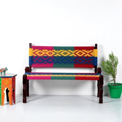 Image of Srima Wooden Bench for Living Room | Handcrafted Sheesham Wood Backrest Bench for Balcony & Garden | Traditional Rajasthani Patio for Outdoor with Cotton Handwoven Rope | Colorful 3