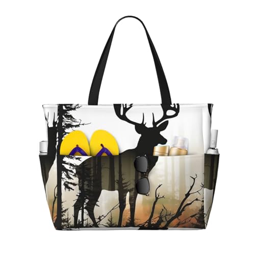 Beach Bags For Women Large Waterproof Sandproof Beach Tote Bag Lightweight Zipper Carry On Bag Deer Silhouette Pool Bag For Gym Travel Vocation