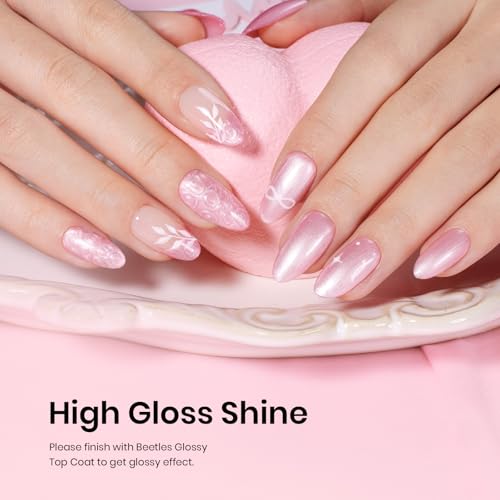 Image of Beetles Pearl Pink Gel Nail Polish - Soft Afternoon Mermaid Gel Polish, 15ml Thread Effect Pink Nails Swirl Shell UV LED Soak Off Gel Manicure