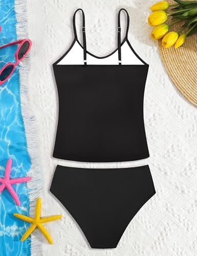 Image of Girls Swimsuit 2 Piece Bathing Suit Criss Cross Ruched Girl Tankini Sets Printed Girls' Swimwear for 9-18 Years