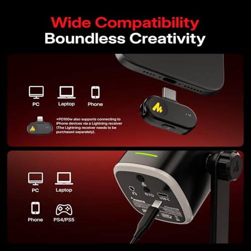 Image of MAONO PD100W Wireless USB Dynamic Microphone, Gaming PC Mic with One-Click Noise Reduction,Mute Button,Custom RGB,3.5mm Headphone Jack,Software,Podcast Streaming Mic (Boom Arm(USB-C Receiver), Black)