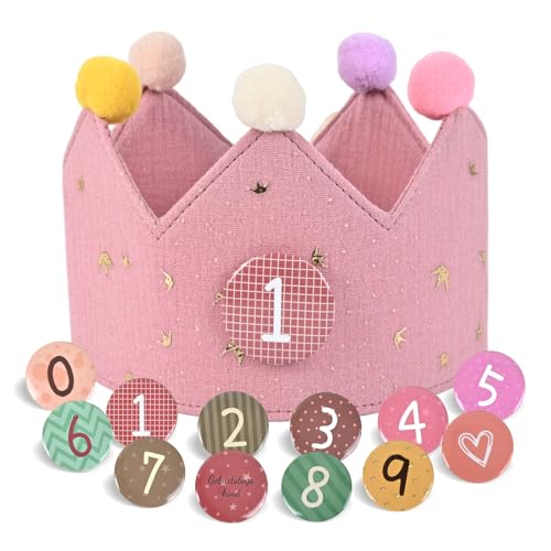 JIAWWAN Corona de Infantil Cumpleaños, Corona de Tela para Cumpleaños, Corona Cumpleaños Unisex per Números Intercambiables del 0 al 9, Corona Cumpleaños Ajustable para Niños y Niñas (Rosa Profundo)