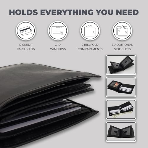 ag wallets Bifold Leather Wallet for Men - Men’s Wallet with Double Center Flap & 3 ID Windows - Compact Wallet for Men - Cash Wallet with 12 Card Slots & 2 Billfold Compartments - Black3