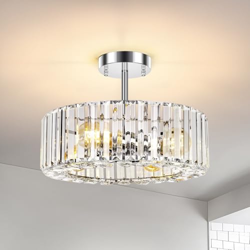FRIDEKO HOME Modern Crystal Ceiling Lights Fixture 4-Lights, Round Chrome Chandeliers Ceiling Light with E27 Base, LED Light Fittings Ceilings for Bedroom, Living Room, Hallway, Kitchen