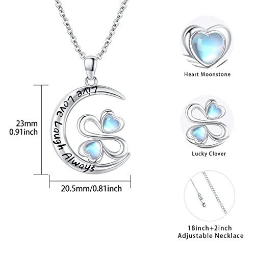 Clover Necklace Sterling Silver Four Leaf Clover Woth Heart Moonstone Pendant Necklace Clover Heart Necklace Live Laugh Love Always Jewelry Gifts For Women Girls Graduation Father's Day #TOP4