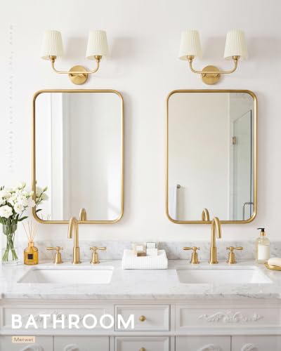 Image of 2-Light Gold Bathroom Vanity Light, Beige Pleated Fabric Shade | 17 inch 2-light gold double wall sconce with beige pleated fabric shades, E26 bulbs, hardwired, upward only, VL837-BG-Z-B-2