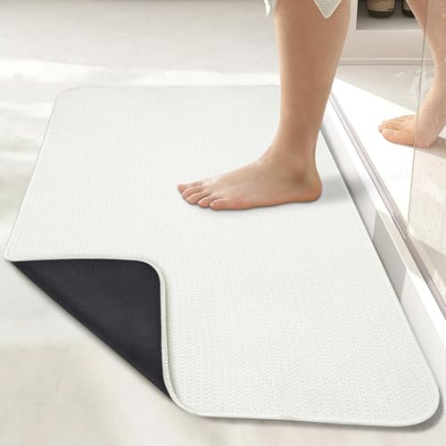 Bath Mat,Ultra Thin Bathroom Runner Rugs,Large Bath Mats for Bathroom,Quick Dry,Non-Slip,Machine Washable,Low Pile,Bath Rug,Shower Outside,Sink,Home Decor Accessories.White,1'5"x2'11"(17x35inch)