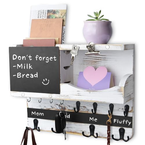 Vtrvt Rustic Key And Mail Holder For Wall, Wall Mounted Key Hooks With Mail Holder, Hanging Entryway Organizer, Farmhouse Wall Decorative With 16 Key Hooks, Shleves, Mail Holder And Chalkboard cover