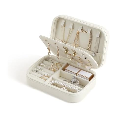 CASEGRACE Travel Jewelry Case, Double Layer Travel Jewelry Organizer for Necklace Earring Rings Jewelry Display Case for Women, White Cover